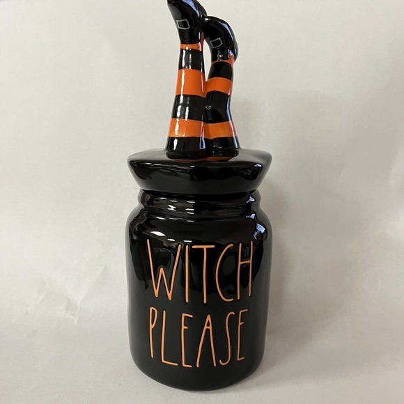 Rae Dunn Halloween Witch Please Canister With Leg Topper Black Orange - Picture 1 of 4